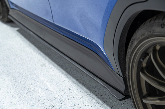OLM S Style Side Skirts for 2022+ Subaru WRX in matte black, exterior car accessories enhancing sporty look.