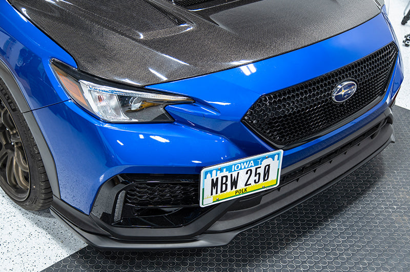OLM S Style matte black front lip for 2022+ Subaru WRX, aerodynamic front lip spoiler for sporty look and enhanced aerodynamics.