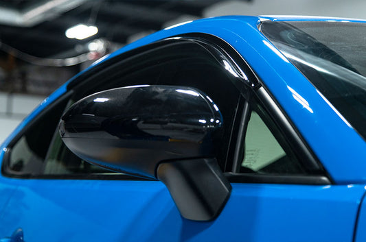 OLM V1 Style rain guards for 2022+ Subaru BRZ and Toyota GR86, side window deflectors installed