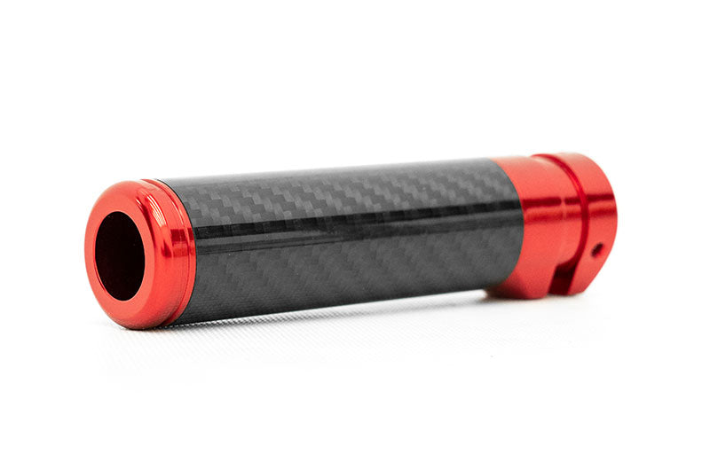 OLM Signature Series red and black carbon e-brake handle for Subaru BRZ, WRX, and STI
