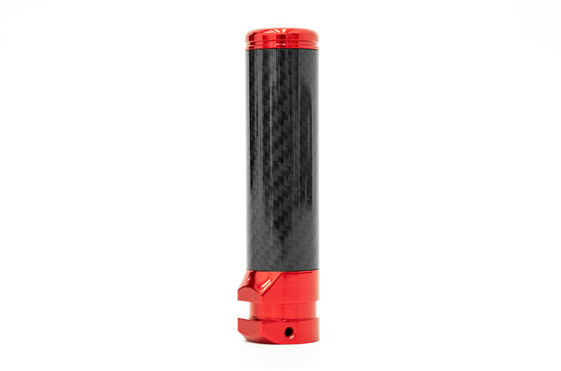 OLM Signature Series red and black carbon e-brake handle for BRZ, WRX, and STI