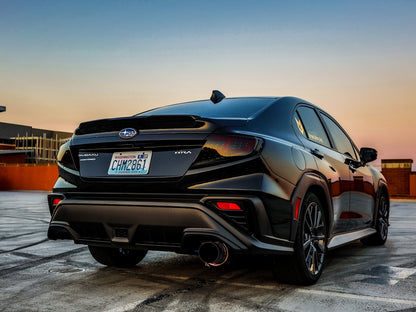 OLM Spec-AR LED taillights with smoke lens, black base, and red bar for 2022+ Subaru WRX, showing the sleek tail light design.