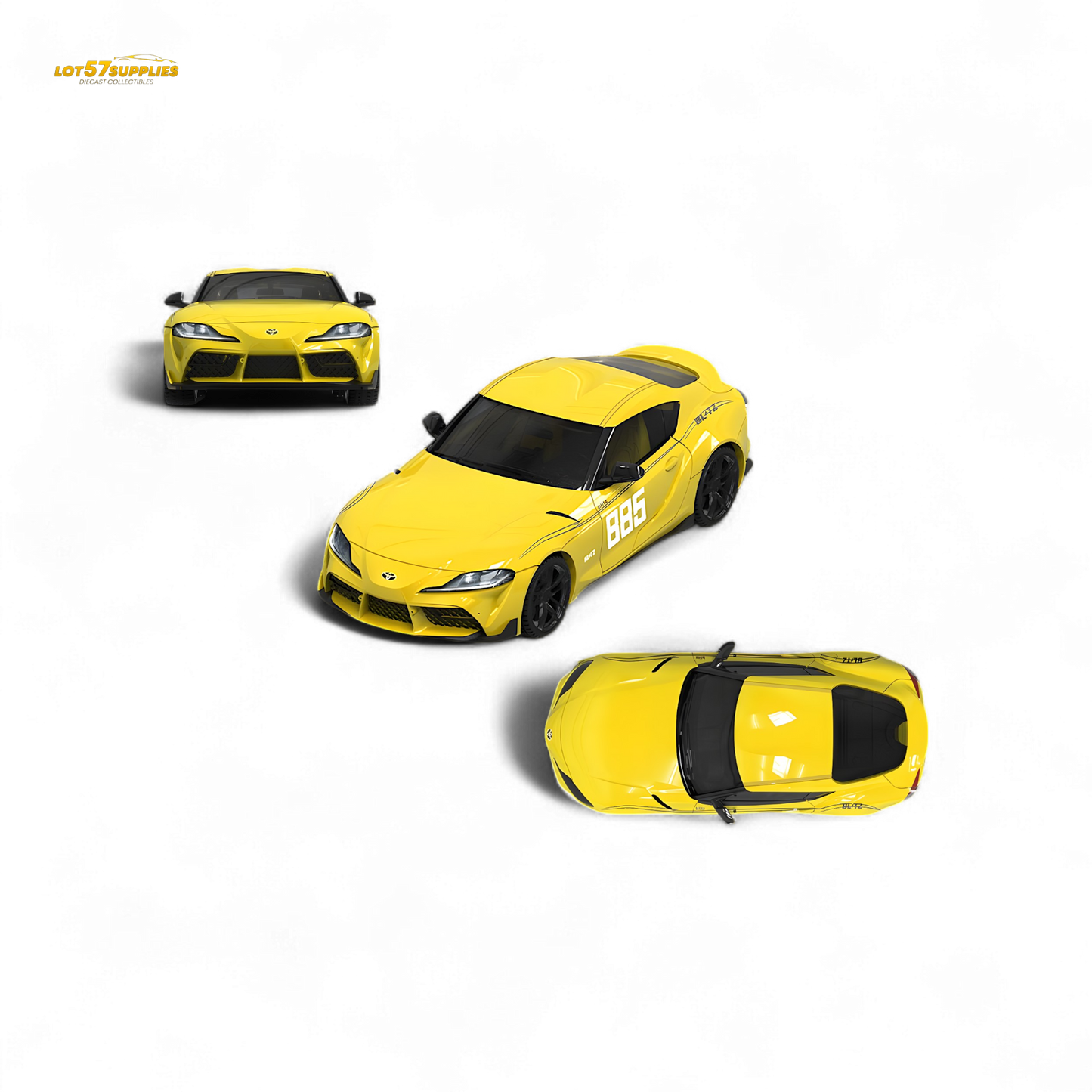 Yellow OM Model Toyota Supra A90 Initial D ghost diecast car, 1:64 scale, detailed toy vehicle from Lot57Supplies Diecast Shop