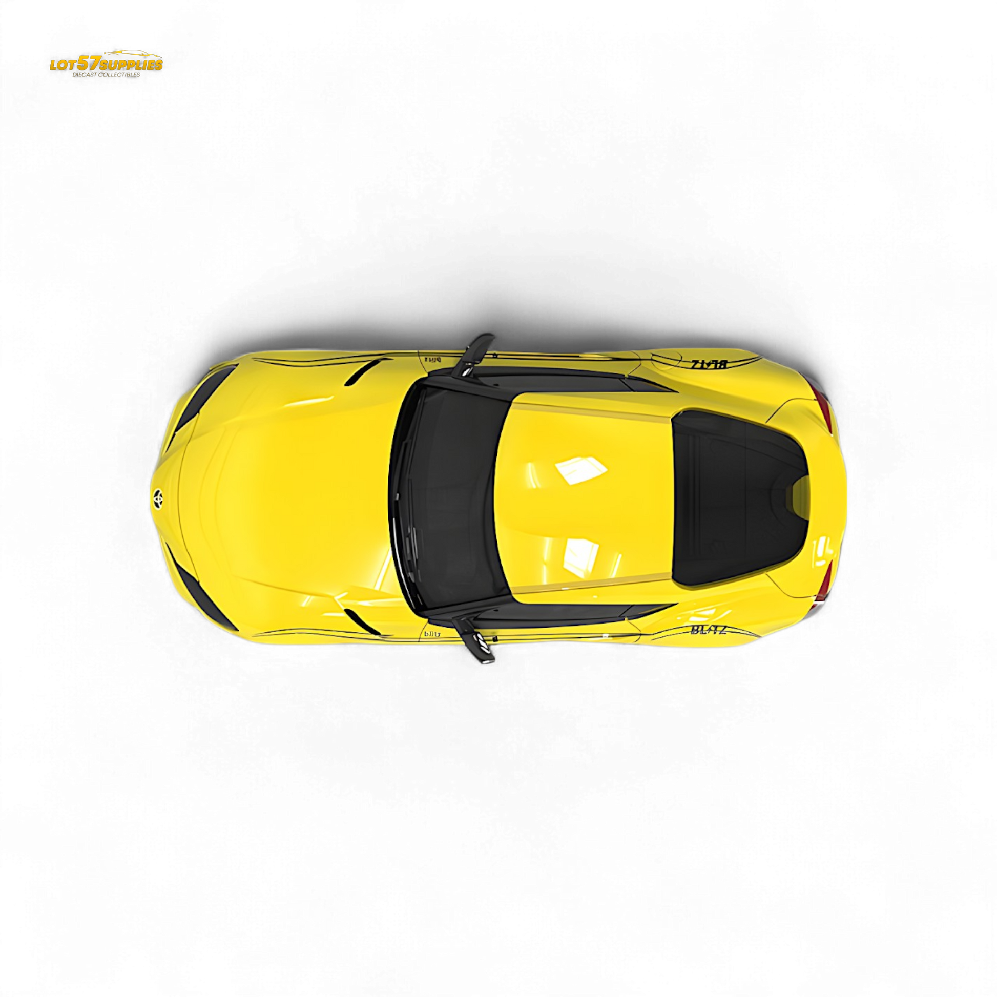 Yellow OM Model Toyota Supra A90 Initial D diecast car in 1:64 scale, showcasing detailed design and vibrant color.