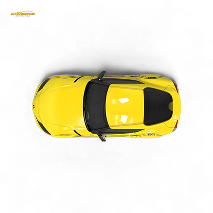 Yellow OM Model Toyota Supra A90 Initial D diecast car in 1:64 scale, showcasing detailed design and vibrant color.
