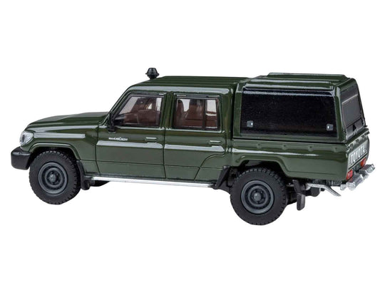 2014 Toyota Land Cruiser LC 79 with Camper Shell Military Green 1/64 Diecast Model Car by Paragon Models