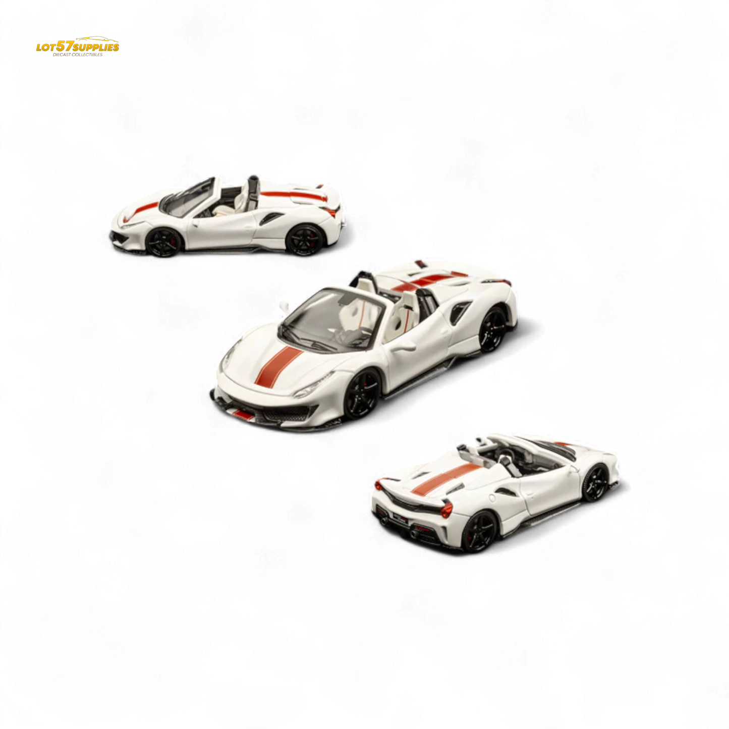 Diecast Ferrari 488 Roadster in pearl white, 1:64 scale model, showcasing detailed design and branding.