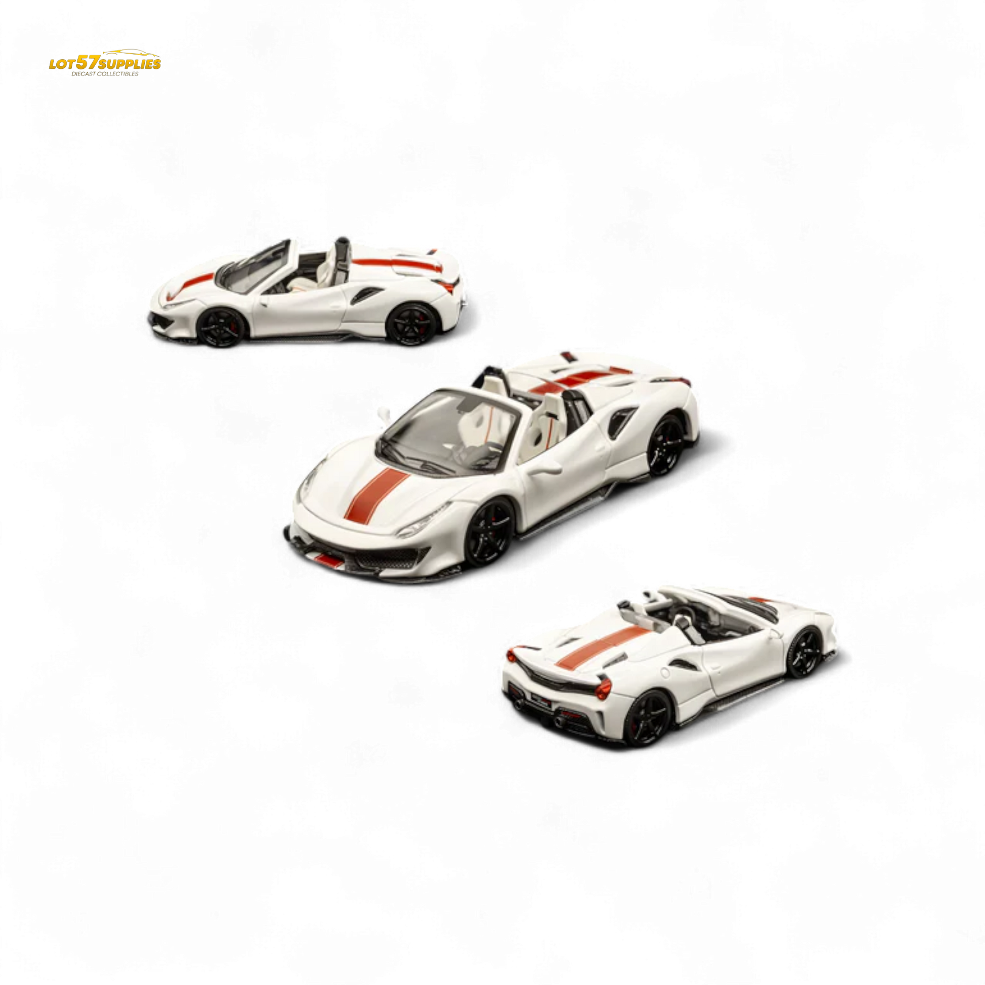 Diecast Ferrari 488 Roadster in pearl white, 1:64 scale model, showcasing detailed design and branding.