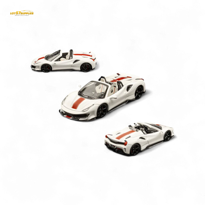 Diecast Ferrari 488 Roadster in pearl white, 1:64 scale model, showcasing detailed design and branding.