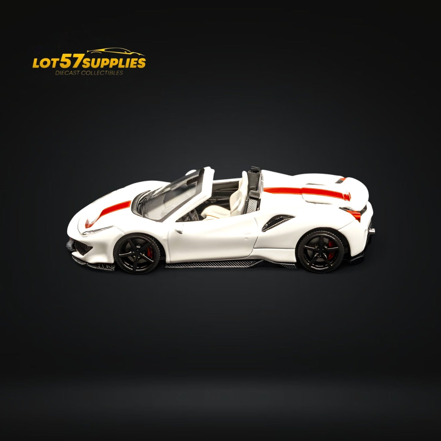 Diecast Ferrari 488 Roadster in pearl white, 1:64 scale, detailed model from Lot57Supplies Diecast Shop, showing exterior and wheels.
