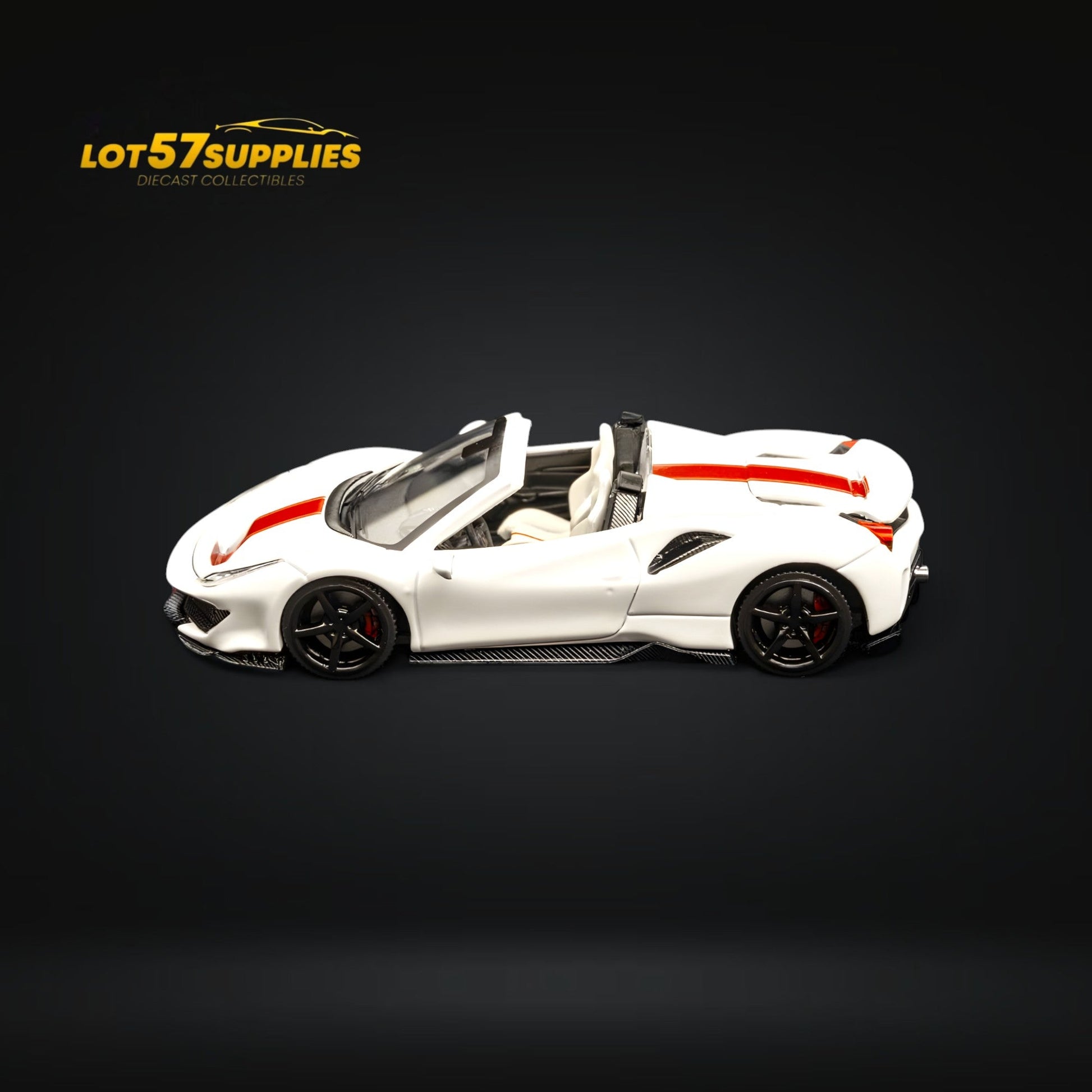 Diecast Ferrari 488 Roadster in pearl white, 1:64 scale, detailed model from Lot57Supplies Diecast Shop, showing exterior and wheels.