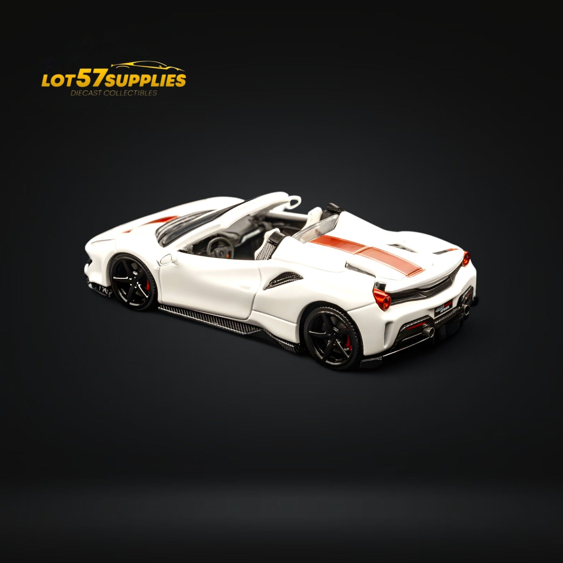 Ferrari 488 Roadster diecast model in pearl white, 1:64 scale, detailed miniature car from Lot57Supplies Diecast Shop.