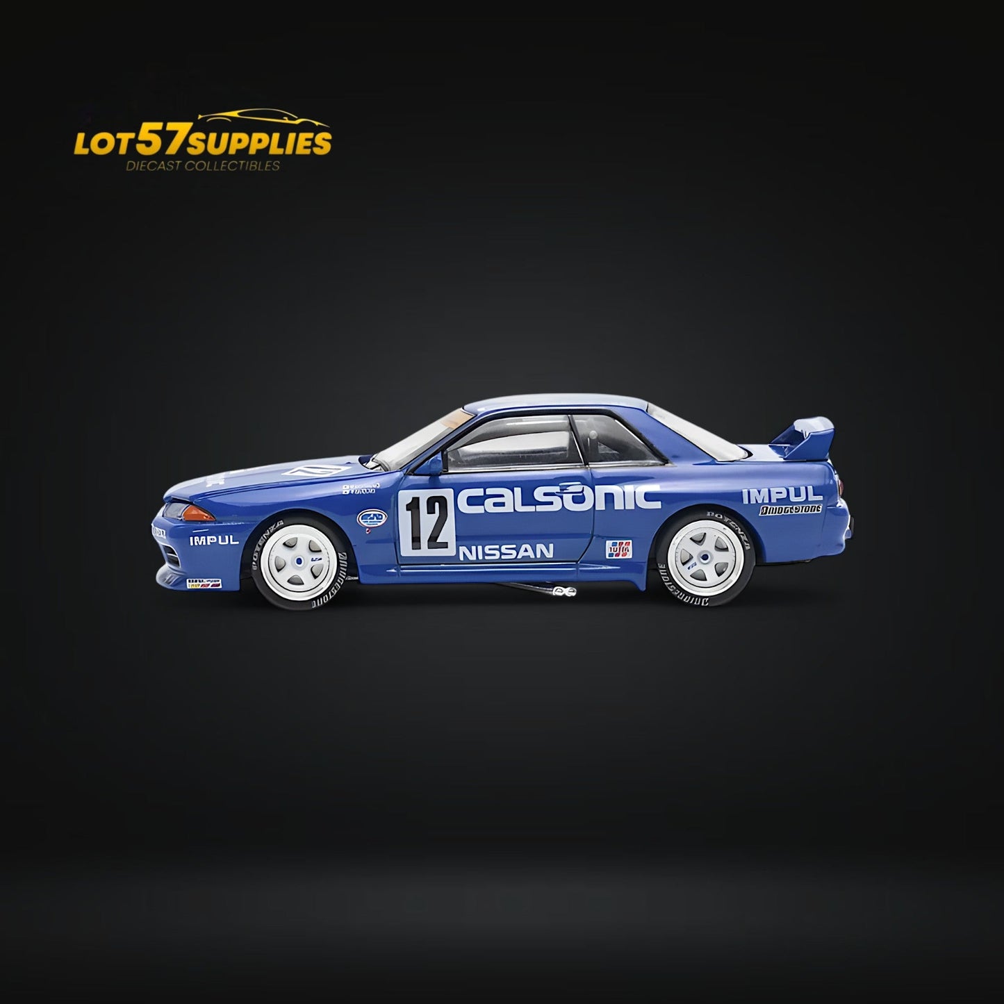 Diecast Nissan Skyline GT-R R32 JTC 1990 Calsonic #12 model in 1:64 scale, detailed replica from Lot57Supplies Diecast Shop.