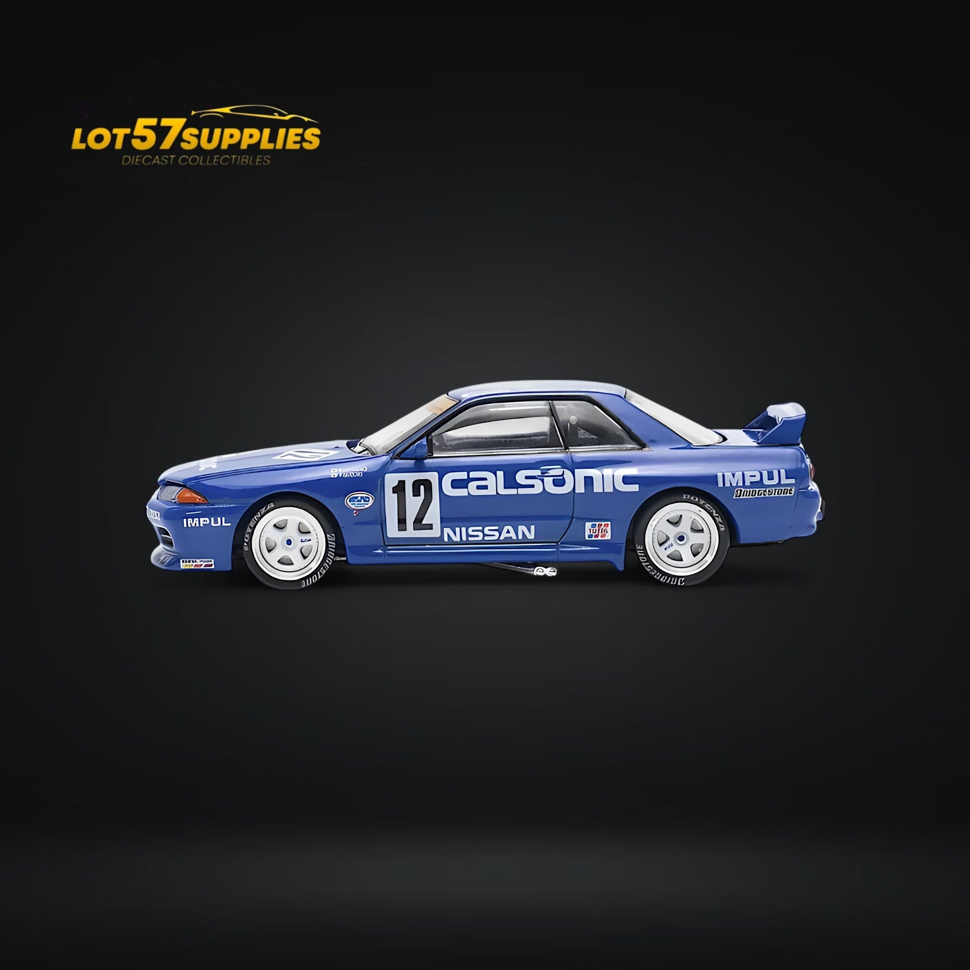 Diecast Nissan Skyline GT-R R32 JTC 1990 Calsonic #12 model in 1:64 scale, detailed replica from Lot57Supplies Diecast Shop.