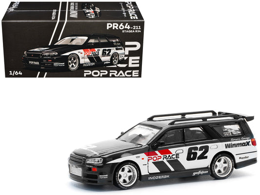 GT-R Stagea RHD (Right Hand Drive) #62 "Simon's Garage" Black with White Sides 1/64 Diecast Model Car by Pop Race