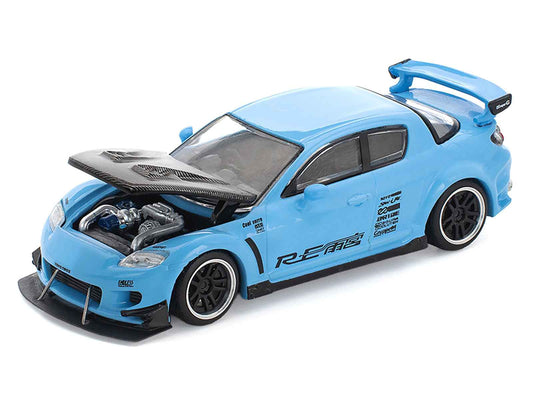Mazda RX8 RE-Amemiya Widebody RHD (Right Hand Drive) Light Blue with Carbon Hood 1/64 Diecast Model Car by Pop Race