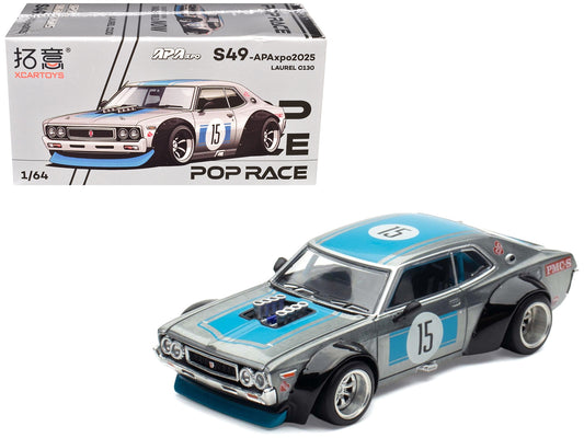 Datsun Laurel C130 RHD (Right Hand Drive) #15 Raw Metal with Blue Stripes "APA XPO 2025 Exclusive" 1/64 Diecast Model Car by Pop Race