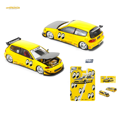 Diecast Honda Pop Race Pandem Civic EG6 MOONEYES 1:64 scale model on display, detailed miniature car from Lot57Supplies Diecast Shop.