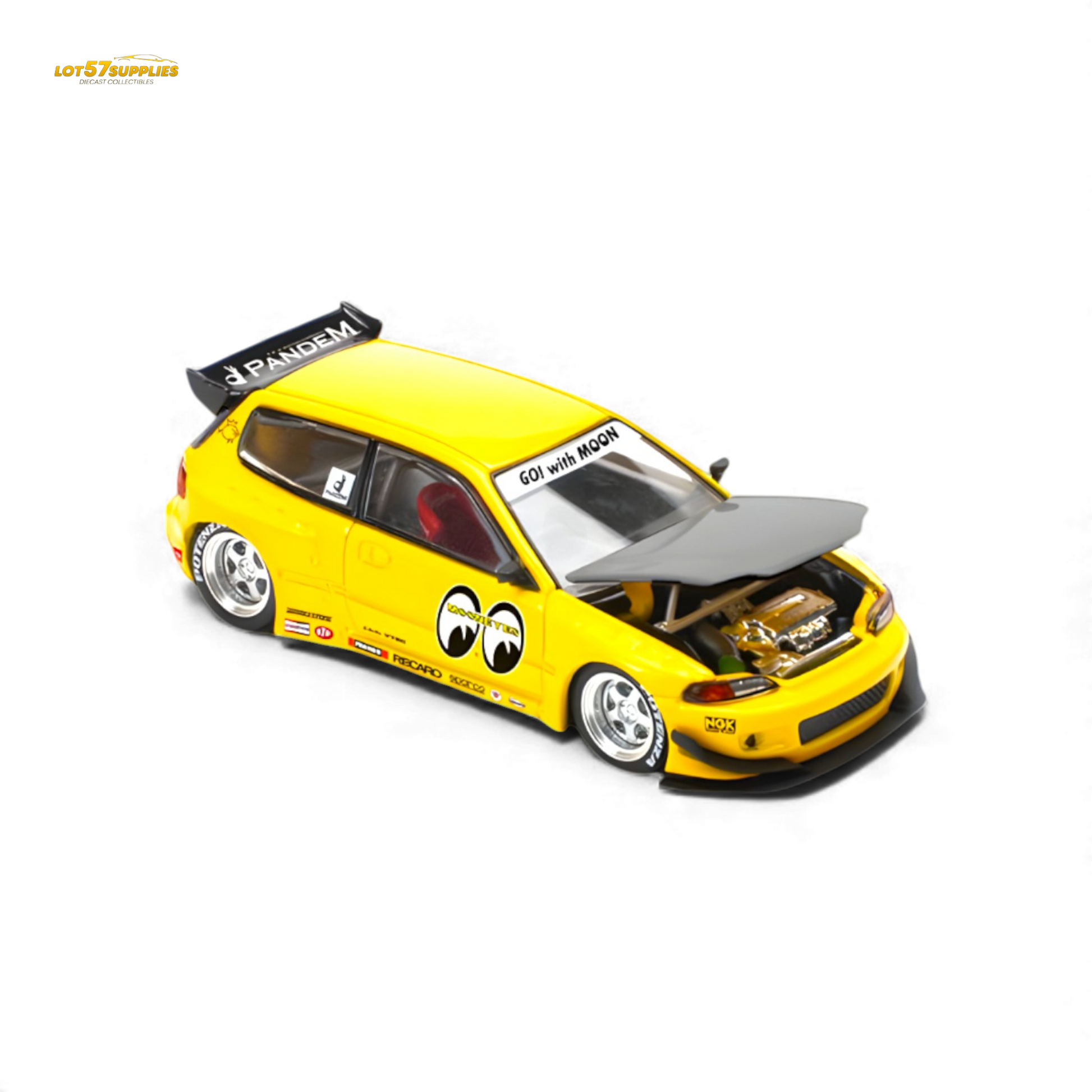 Diecast Honda Civic EG6 model car by Mooneyes, 1:64 scale, featuring detailed design and colorful exterior, from Lot57Supplies Diecast Shop.
