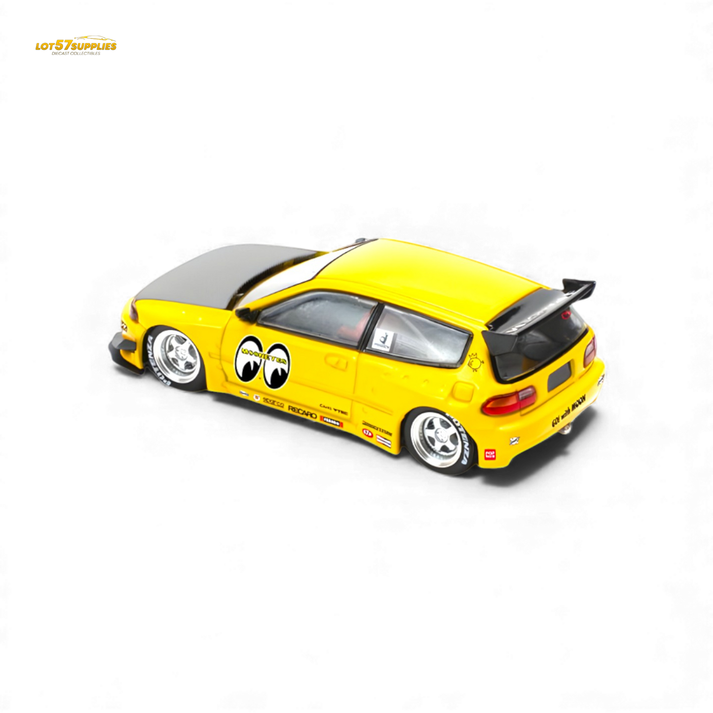 Diecast model of Honda Civic EG6 Pandem MOONEYES 1:64 scale toy car by Lot57Supplies Diecast Shop, detailed with vibrant colors and decals.