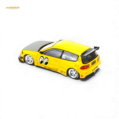Diecast model of Honda Civic EG6 Pandem MOONEYES 1:64 scale toy car by Lot57Supplies Diecast Shop, detailed with vibrant colors and decals.