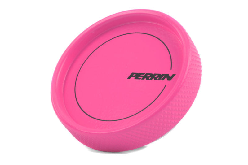 JDMuscle Perrin oil fill cap for Subaru WRX, STI, BRZ, FRS, 86 models, black metal with Perrin logo, engine bay close-up