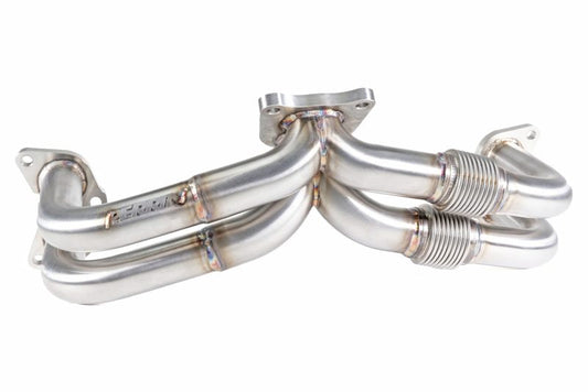 Perrin 19-25 WRX equal length exhaust headers in brushed stainless steel with smooth, polished finish, designed for performance upgrade
