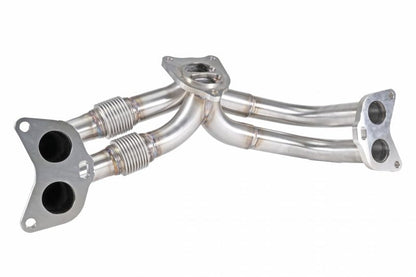 JDMuscle Perrin 19-25 WRX equal length brushed stainless steel exhaust headers, showing sleek metal finish and pipe connections.