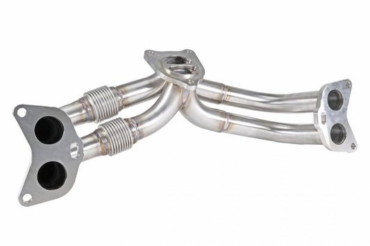 JDMuscle Perrin 19-25 WRX equal length brushed stainless steel exhaust headers, showing sleek metal finish and pipe connections.
