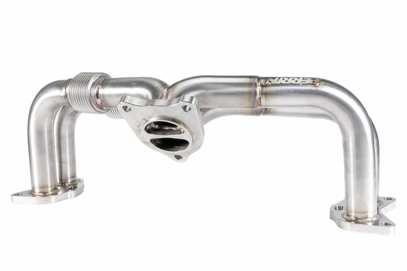 JDMuscle Perrin 19-25 WRX equal length brushed stainless steel exhaust headers showing polished metal finish and tubular design