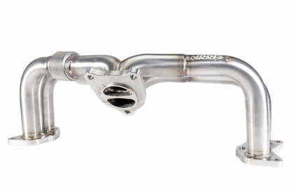 JDMuscle Perrin 19-25 WRX equal length brushed stainless steel exhaust headers showing polished metal finish and tubular design
