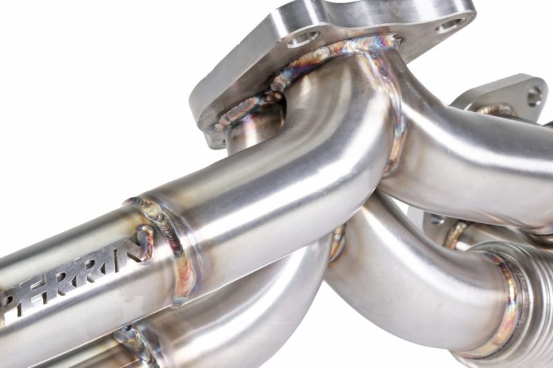 JDMuscle Perrin 19-25 WRX equal length brushed stainless steel exhaust headers and manifolds, showing polished metal finish.