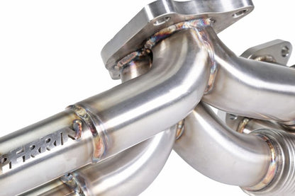 JDMuscle Perrin 19-25 WRX equal length brushed stainless steel exhaust headers and manifolds, showing polished metal finish.