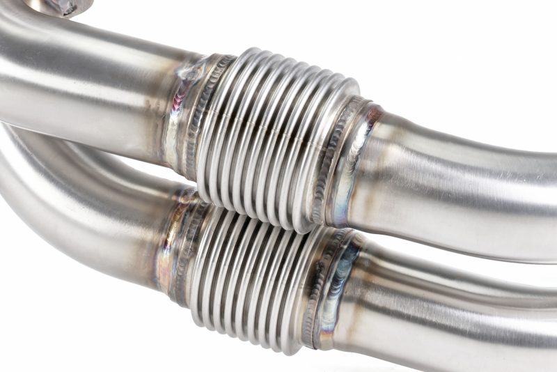 Brushed stainless steel Perrin 19-25 WRX equal length exhaust headers, JDMuscle brand, with smooth welds and polished finish.