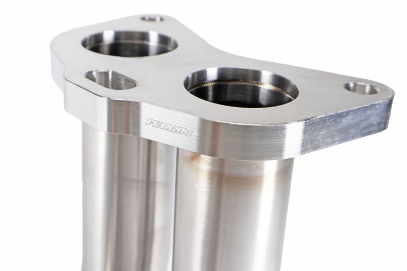 Brushed stainless steel Perrin 19-25 WRX equal length exhaust headers with smooth bends and polished finish, designed for improved performance.