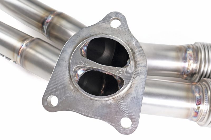 Brushed stainless steel Perrin 19-25 WRX equal length headers for enhanced exhaust flow, shown in the image.