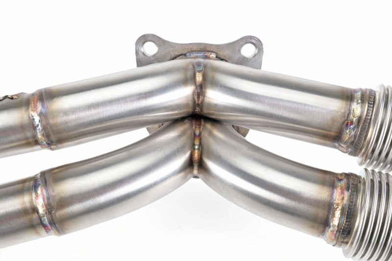 Brushed stainless steel Perrin 19-25 WRX equal length exhaust headers with smooth welds for improved performance.