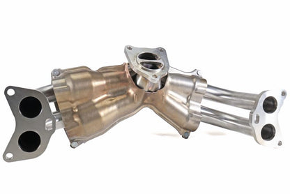 Brushed stainless steel Perrin 19-25 WRX equal length exhaust headers by JDMuscle, showing the polished metal finish and header design.
