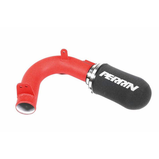 Red PERRIN cold air intake for 2015-2021 Subaru WRX, JDMuscle intake system with polished metal and red silicone components.