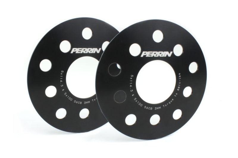 Black PERRIN 3mm wheel spacers for Subaru WRX, STI, Outback, Legacy, and Forester, designed by JDMuscle for improved fitment.