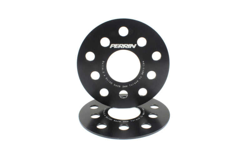 Black PERRIN 3mm wheel spacers for Subaru WRX, STI, Outback, Legacy, and Forester, showing the spacer with mounting holes.