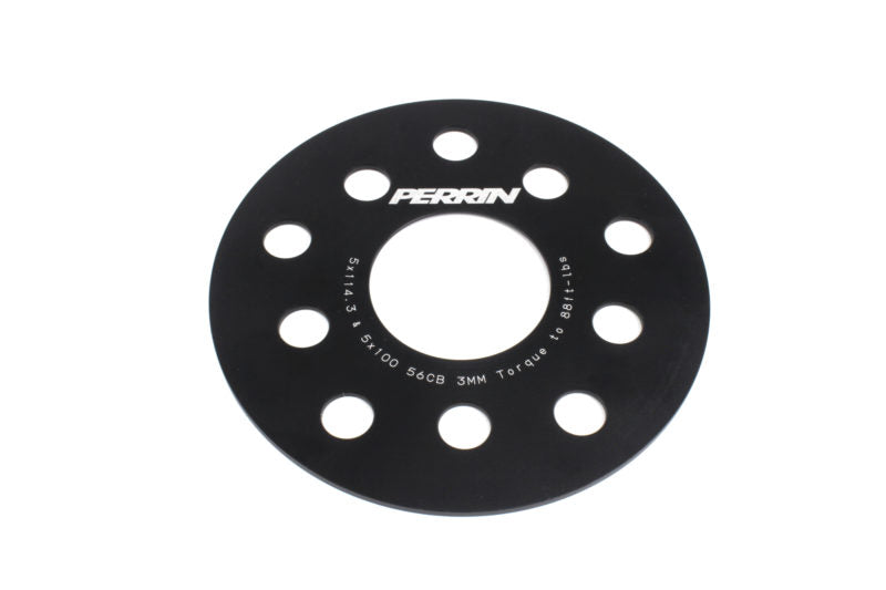 Black PERRIN 3mm wheel spacers for Subaru WRX, STI, Outback, Legacy, and Forester, designed to improve wheel fitment.