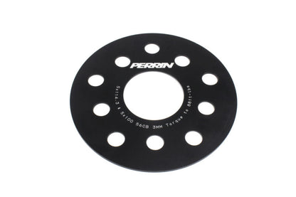 Black PERRIN 3mm wheel spacers for Subaru WRX, STI, Outback, Legacy, and Forester, designed to improve wheel fitment.