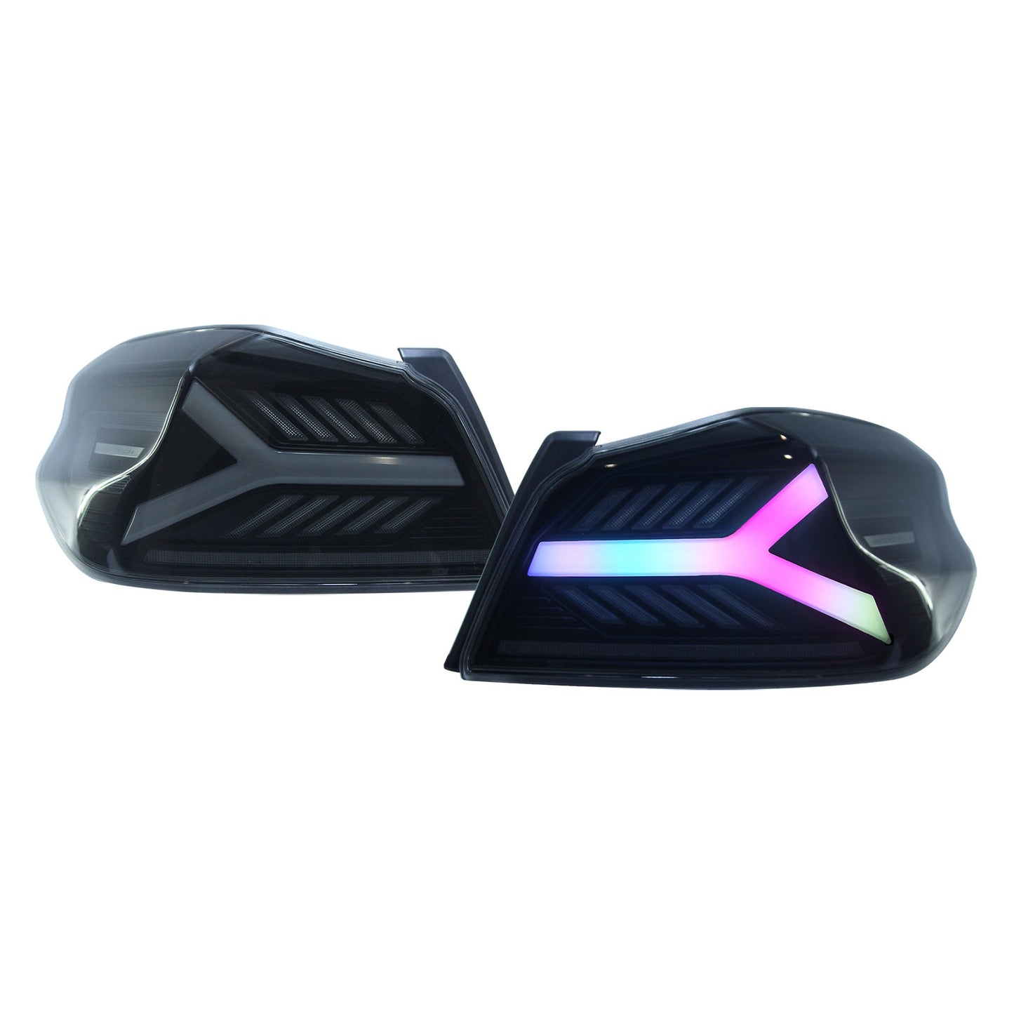 Pair of OLM Y-Spec LED taillights for 2015-2021 Subaru WRX/STI with smoke lens and RGB optic lighting.