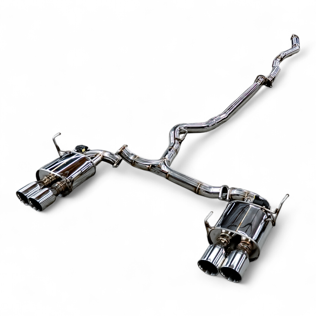 AeroflowDynamics 2022-2025 Subaru WRX AFD F1 Valved Catback Exhaust system showing polished stainless steel pipes and valve controls.