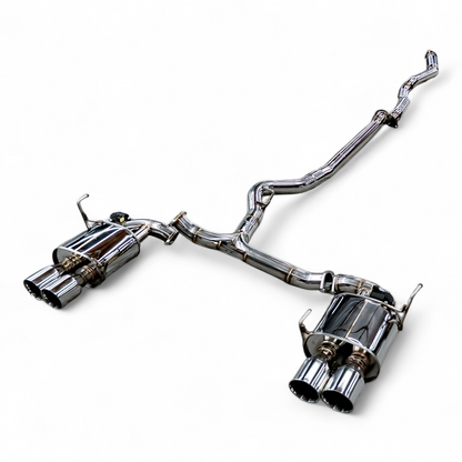 AeroflowDynamics 2022-2025 Subaru WRX AFD F1 Valved Catback Exhaust system showing polished stainless steel pipes and valve controls.