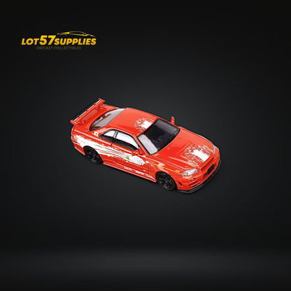Detailed Nissan Skyline GT-R R34 Z-Tune diecast model in 1:64 scale, showcasing realistic design and vibrant colors.