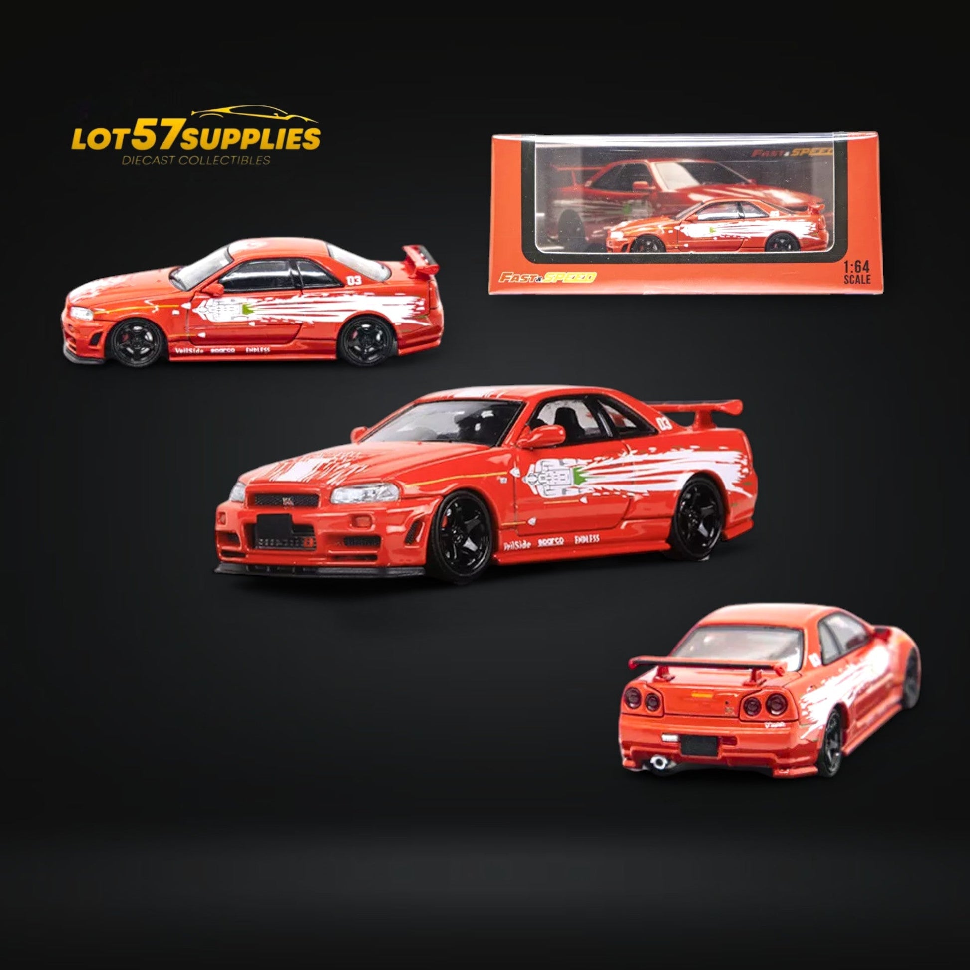 Detailed image of a Nissan Skyline GT-R R34 Z-Tune diecast model in 1:64 scale by Lot57Supplies Diecast Shop.