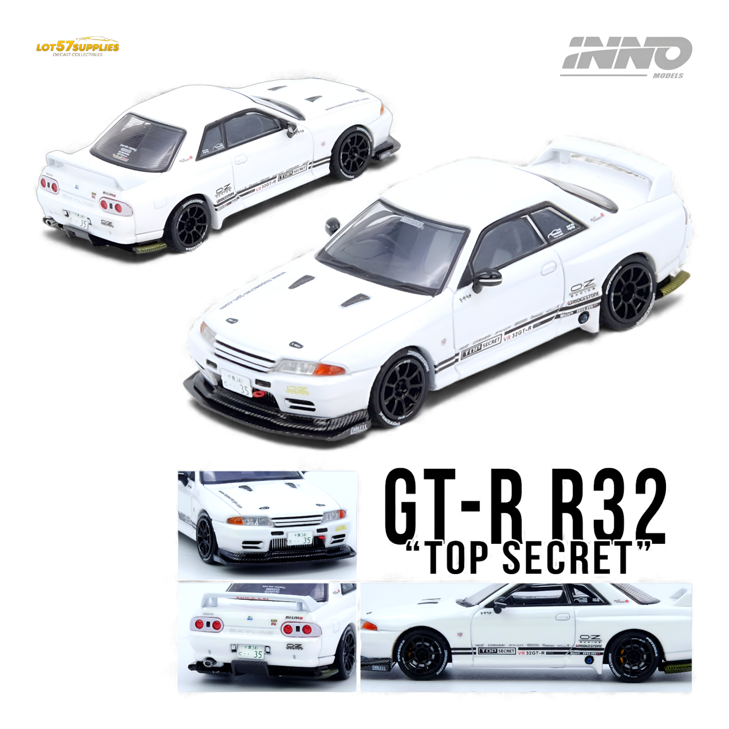 White 1:64 scale INNO64 Top Secret VR32 Nissan GT-R diecast model, detailed close-up of the collectible car.