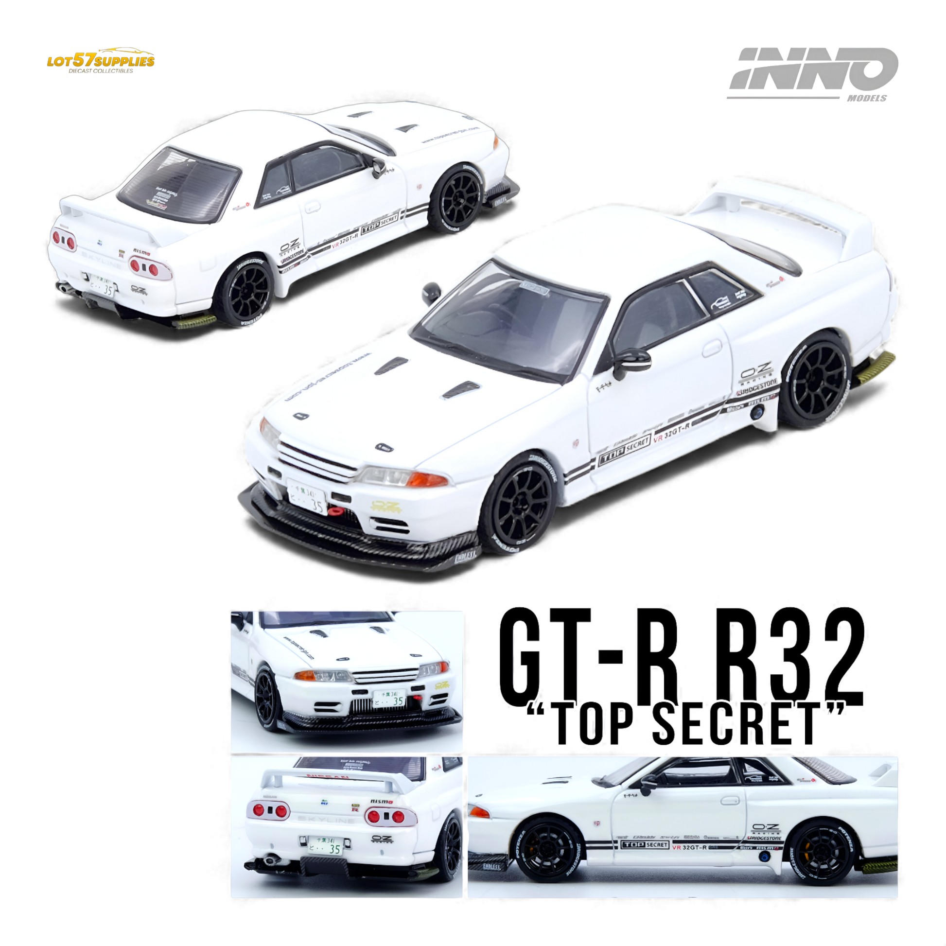 White 1:64 scale INNO64 Top Secret VR32 Nissan GT-R diecast model, detailed close-up of the collectible car.